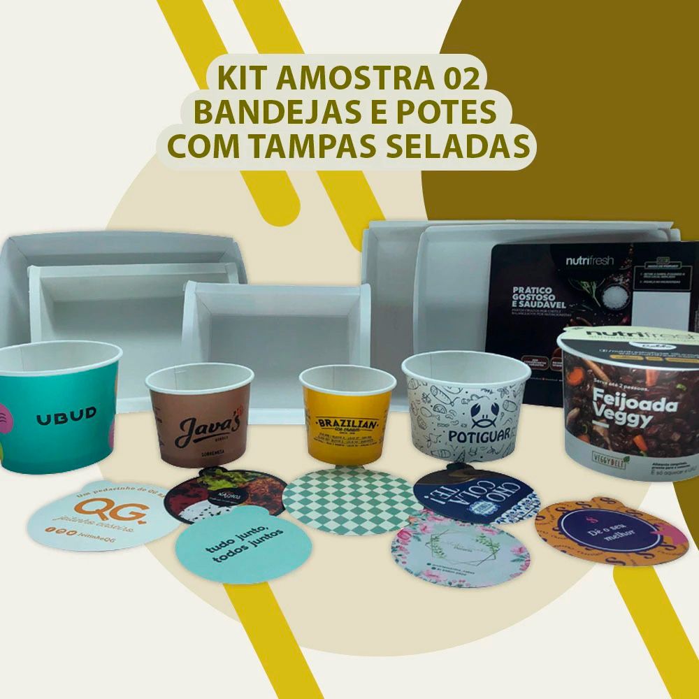 KIT AMOSTRAS DE BANDEJAS E POTES DE PAPEL BIODEGRADÁVEL COM TAMPA SELADA 02 - 20 UNIDADES