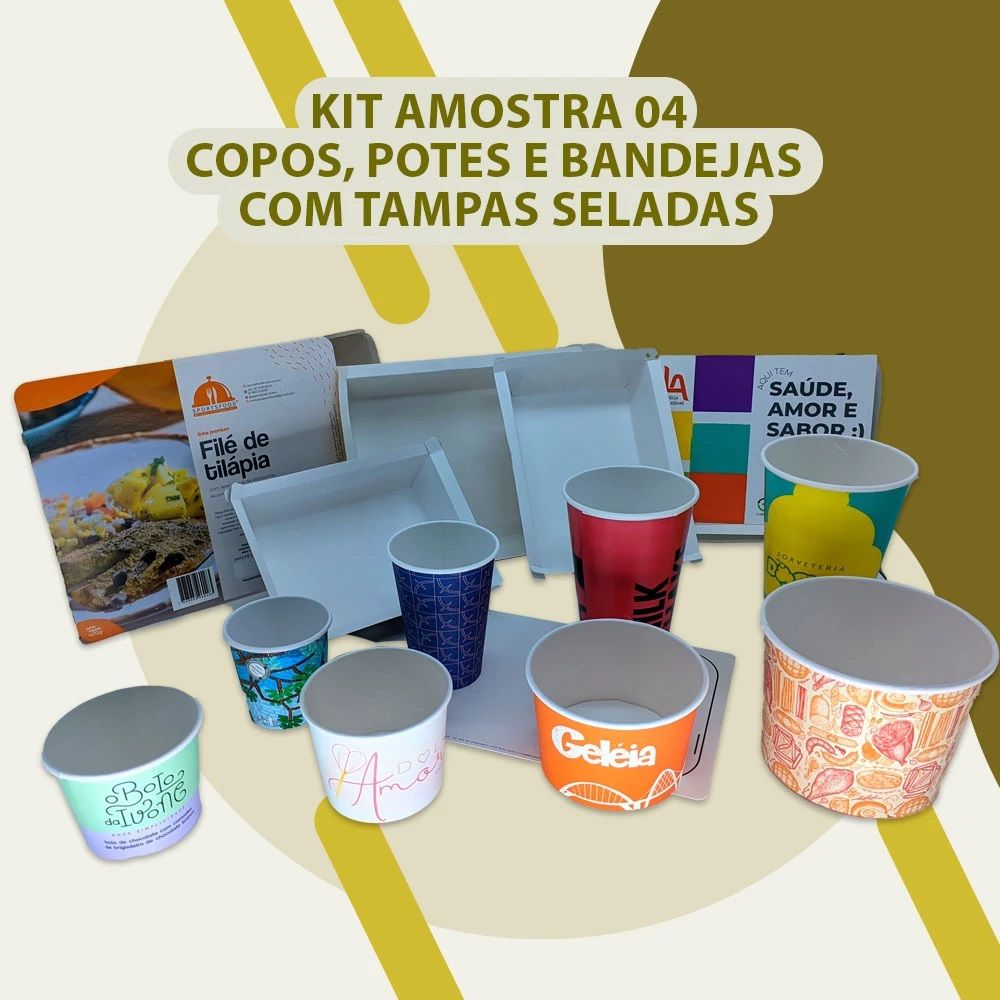 KIT AMOSTRAS DE BANDEJAS E POTES DE PAPEL BIODEGRADÁVEL COM TAMPA SELADA 02 - 20 UNIDADES