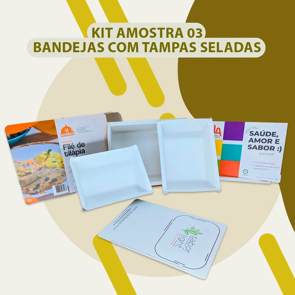 KIT AMOSTRAS DE BANDEJAS DE PAPEL BIODEGRADÁVEL COM TAMPA SELADA 03 - 12 UNIDADES