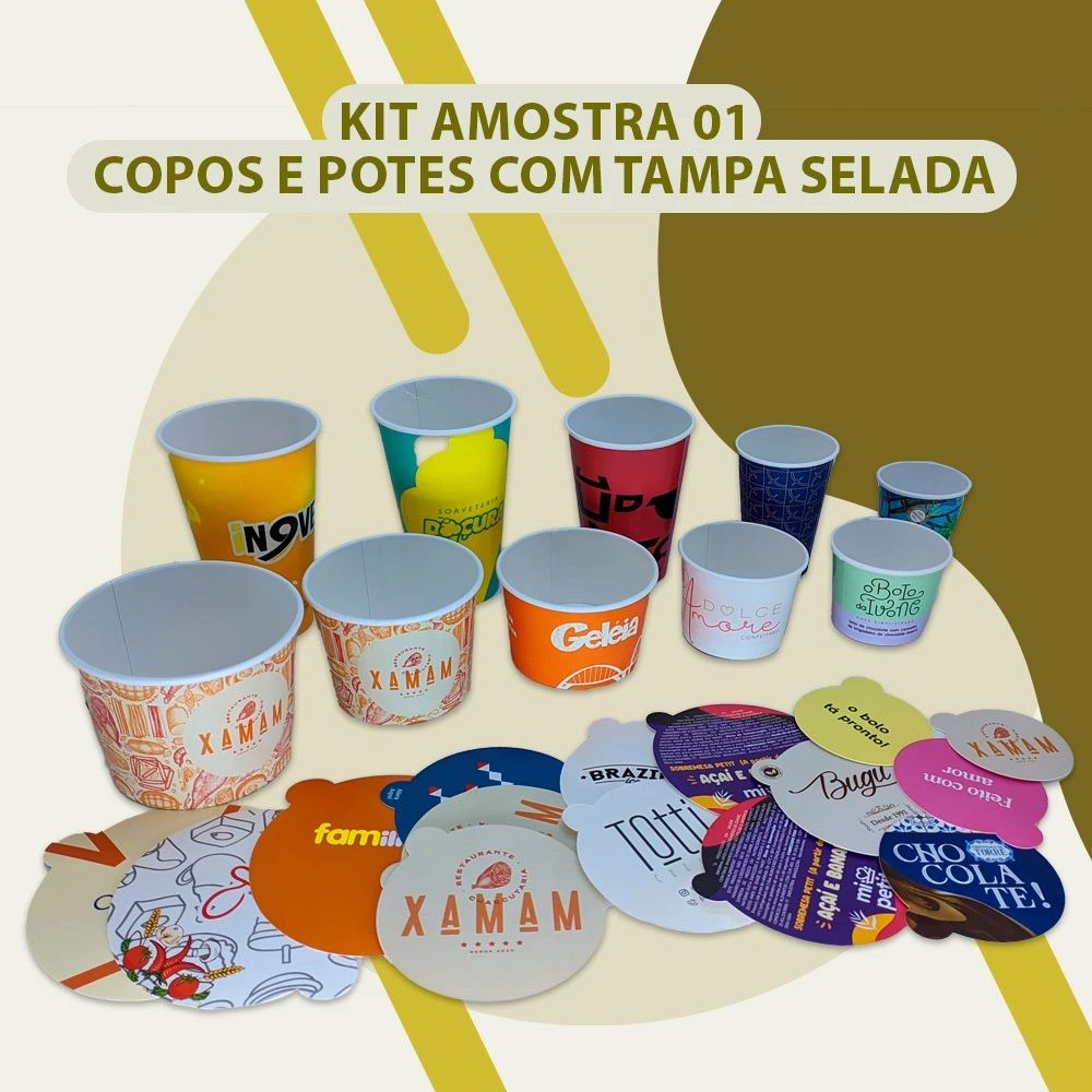 KIT AMOSTRAS DE POTES E COPOS DE PAPEL BIODEGRADÁVEL COM TAMPA SELADA 01 - 27 UNIDADES